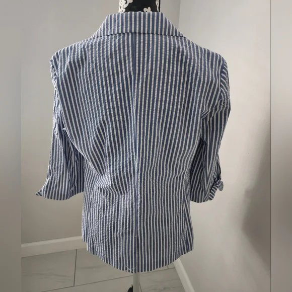 ELLE Open Front Vneck Blazer Shacket Women White/Blue striped 3/4 Sleeve Sz: M - Picture 6 of 14